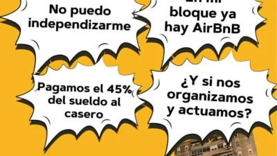 Cartel de la primera Asamblea de Vivienda del Corredor del Henares.

Tiene fondo amarillo y aparece una imagen de unos bloques de pisos. Hay cuatro bocadillos de cómics donde se leen las siguientes frases:
- No puedo independizarme
- En mi bloque ya hay AirBnB
- Pagamos el 45% del sueldo al casero
- ¿Y si nos organizamos y actuamos?

La asamblea tendrá lugar el sábado 26 de octubre a las 12:00 en la Capilla del Oidor (en un extremo de la Plaza de Cervantes de Alcalá de Henares)

En el pie del cartel se lee el eslogan:
"¿Vives en el corredor del henares? Únete al movimiento por la vivienda"