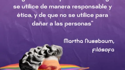 Texto de Martha Nussbaum sobre la ética de la filosofía con la imagen de un hombre en pequeño sobre el hombro de otro que aparece solo de busto y tiene un arco iris sobre el rostro