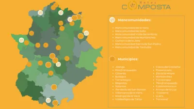 Mapa de Extremadura con las mancomunidades y municipios participantes en el proyecto #MaterComposta